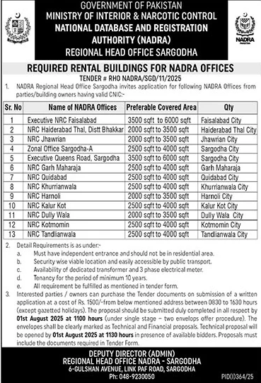 Ministry of Interior & Narcotic Control NADRA Sargodha Tender Notice